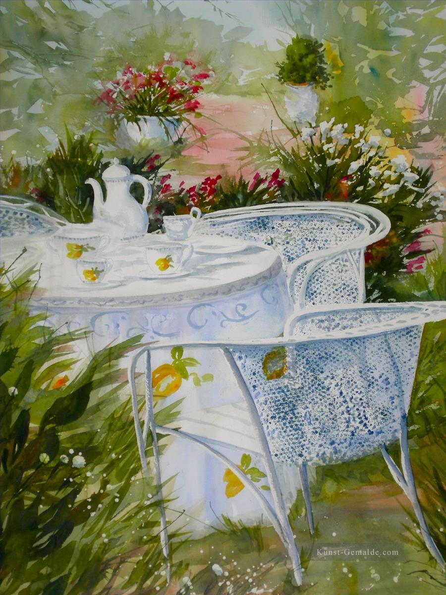 Tee im Garten Aquarell Ölgemälde